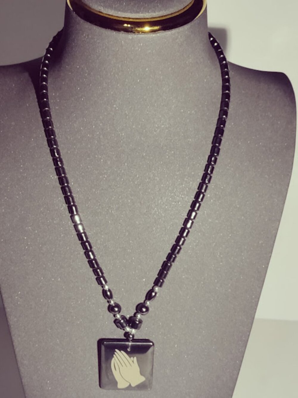 Black Beaded Praying Hands Pendant Necklace